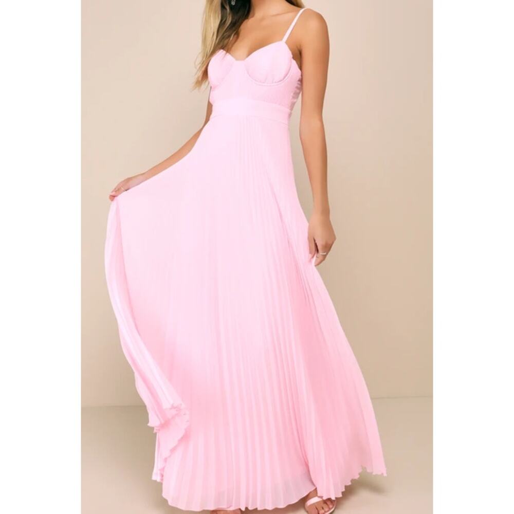 LULU'S SZ M Certainly Lovely Light Pink Pleated Bustier Formal Maxi Dress B84